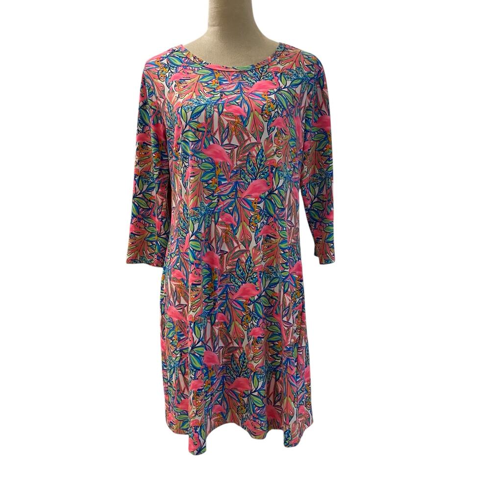 Anthony's Resortwear "L" 3/4 Sleeve Knee High Dress Pink Colorful Stretchy Dress